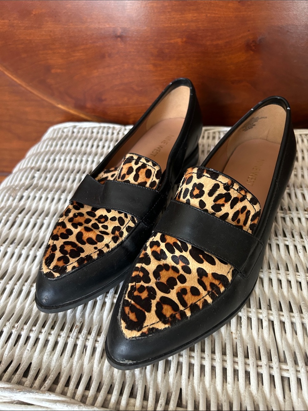 Nine West Black Leather Loafers with Leopard Print Accent